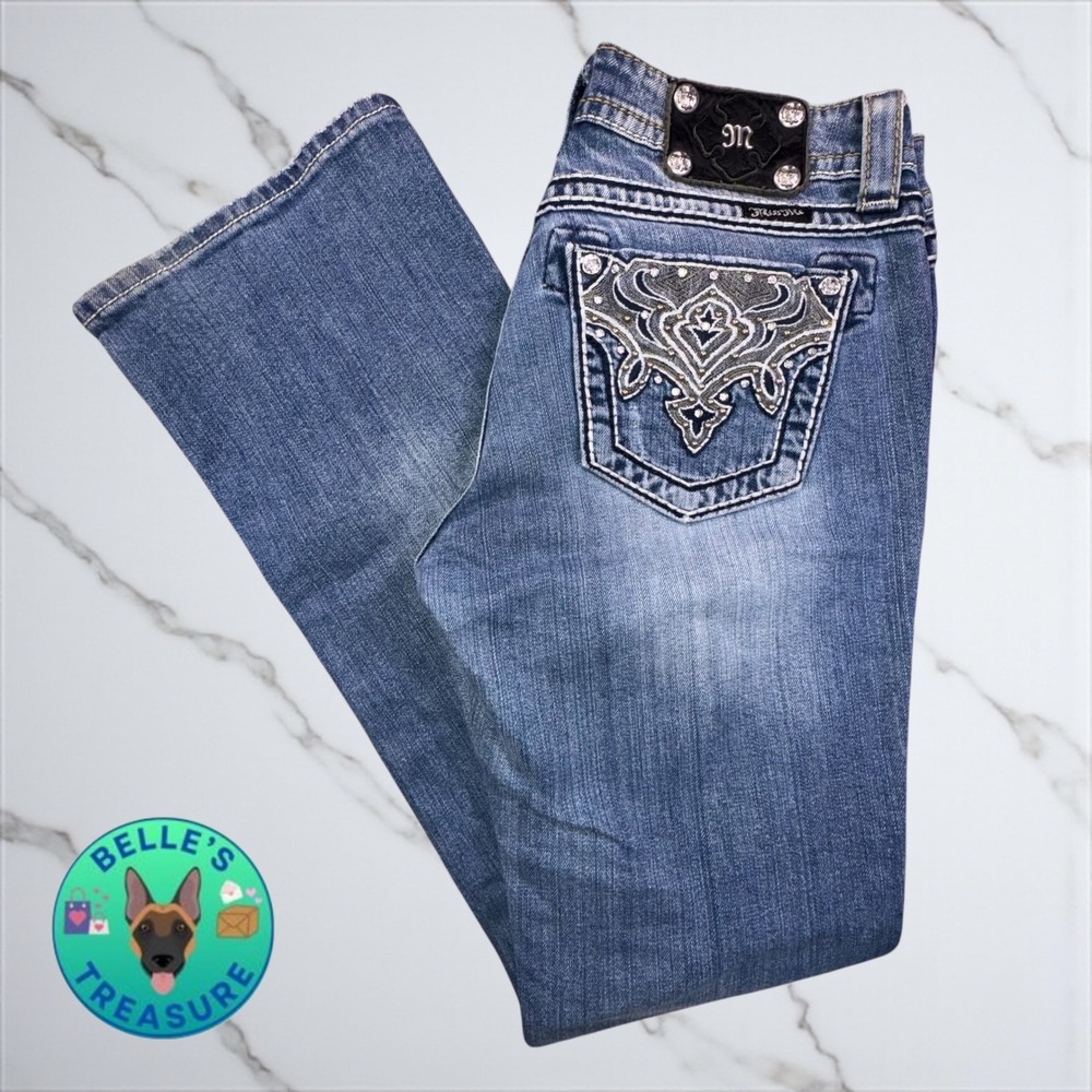 Miss Me Jeans Sz 27 Slim Easy Boot Cut Distressed Rhinestone Gold Mandala 31x32